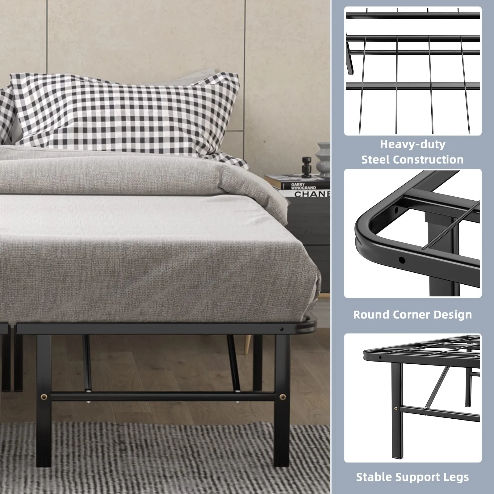 14 Inch Foldable Metal Mattress Foundation | Heavy Duty Bed Frame with Steel Slat