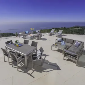17-Piece Grand Patio Sectional, Lounge, Dining Set & Light Grey Fire Table - NH784003 patio chairs, outdoor seating