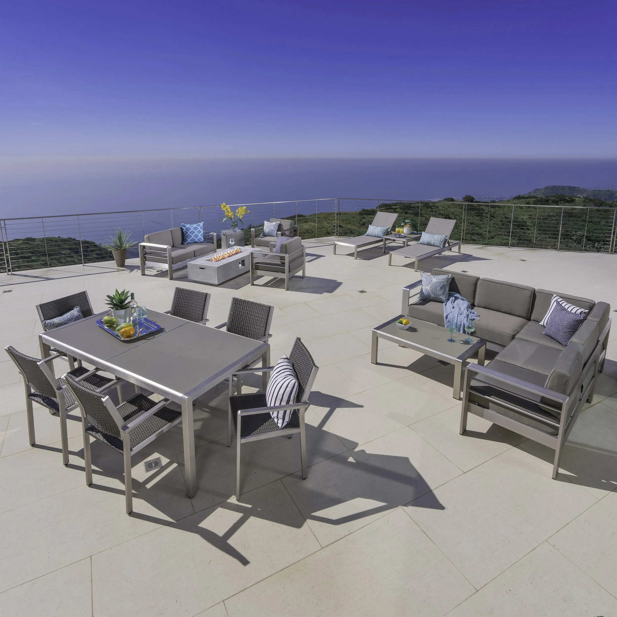 17-Piece Grand Patio Sectional, Lounge, Dining Set & Light Grey Fire Table - NH784003 patio chairs, outdoor seating