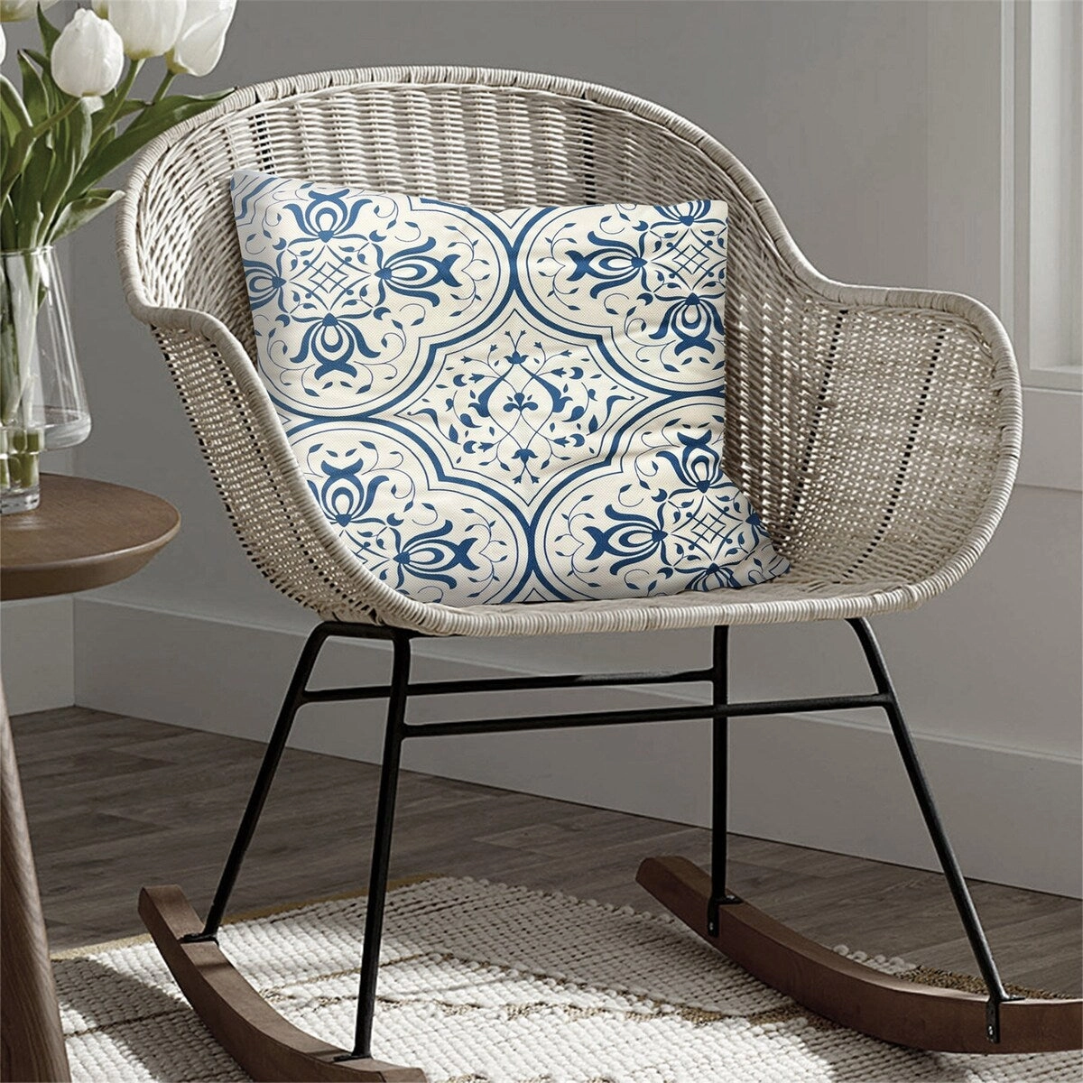 17 x 17 inch Square Cotton Accent Throw Pillows, 2-Piece Blue and White Damask Print Decorative Cushion