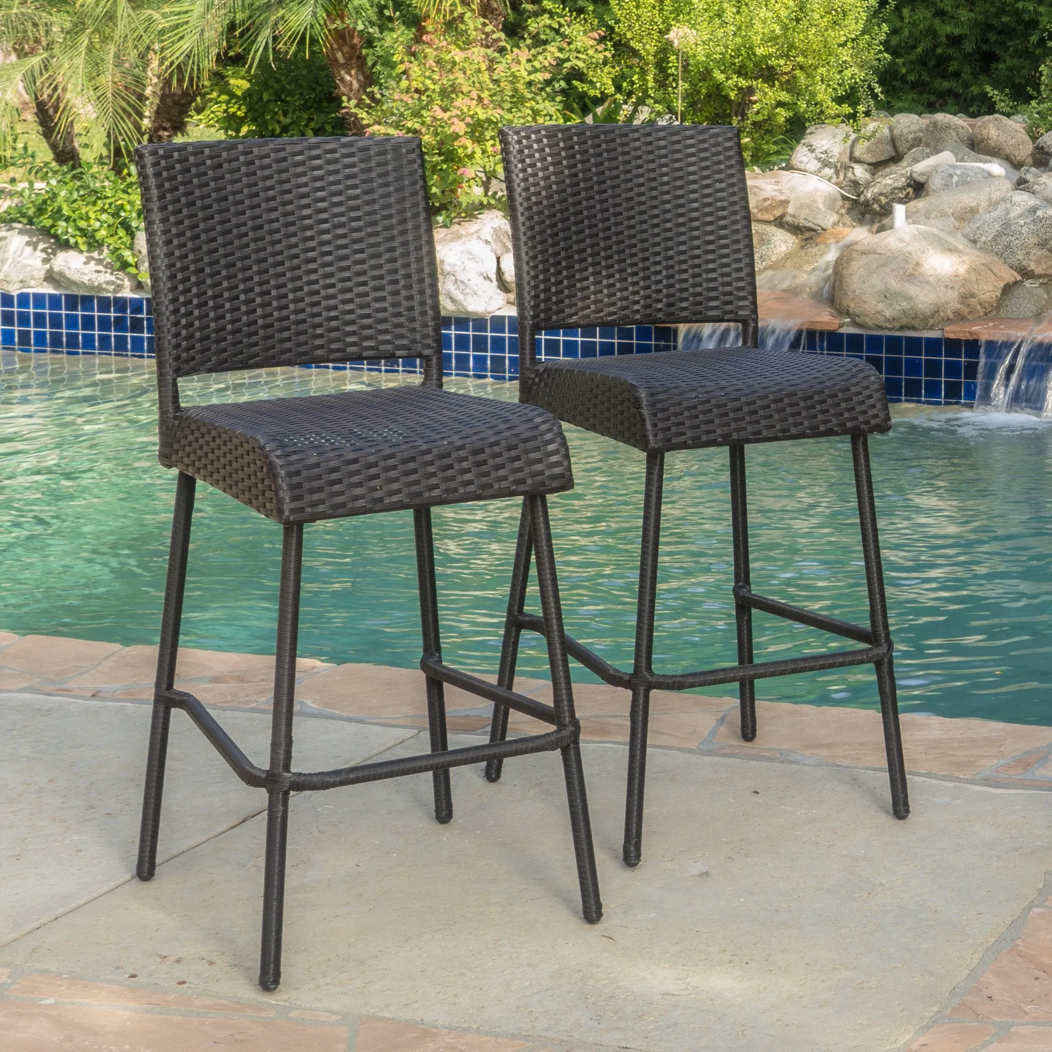 29-Inch Outdoors Dark Brown Wicker Barstools (Set of 2) - NH525992 patio chairs, outdoor seating
