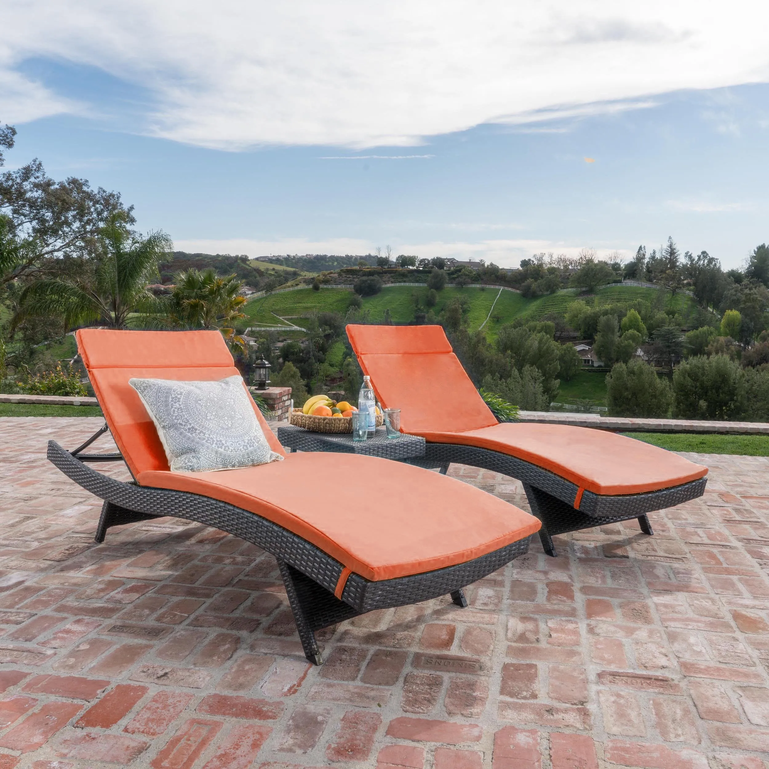 3 Pc Outdoor Wicker Lounge w/ Water Resistant Cushions & Coffee Table - NH751003
