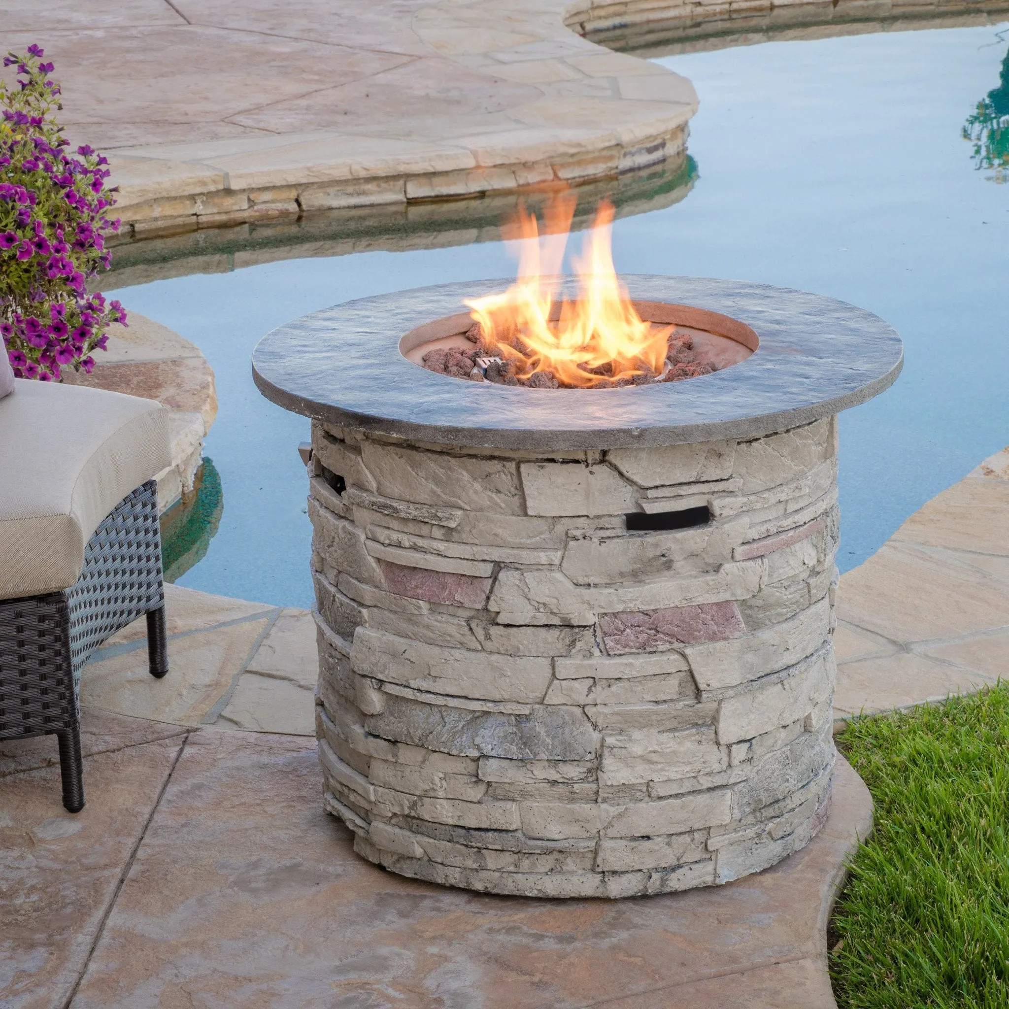 32-inch Stone Circular MGO Fire Pit With Grey Top - 40,000 BTU - NH956692 patio chairs, outdoor seating
