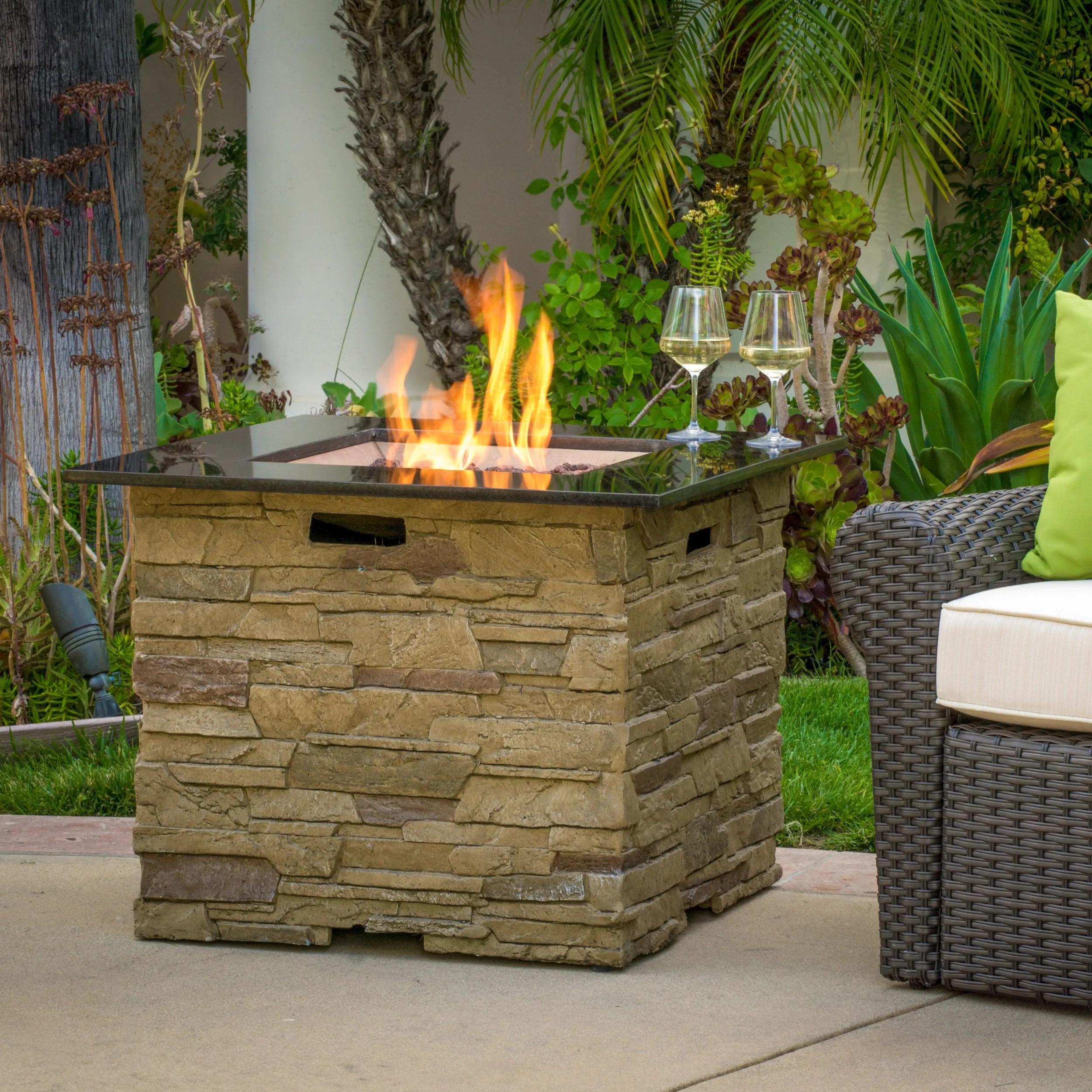 32-inch Stone Square MGO Fire Pit - 40,000 BTU - NH166692 patio chairs, outdoor seating