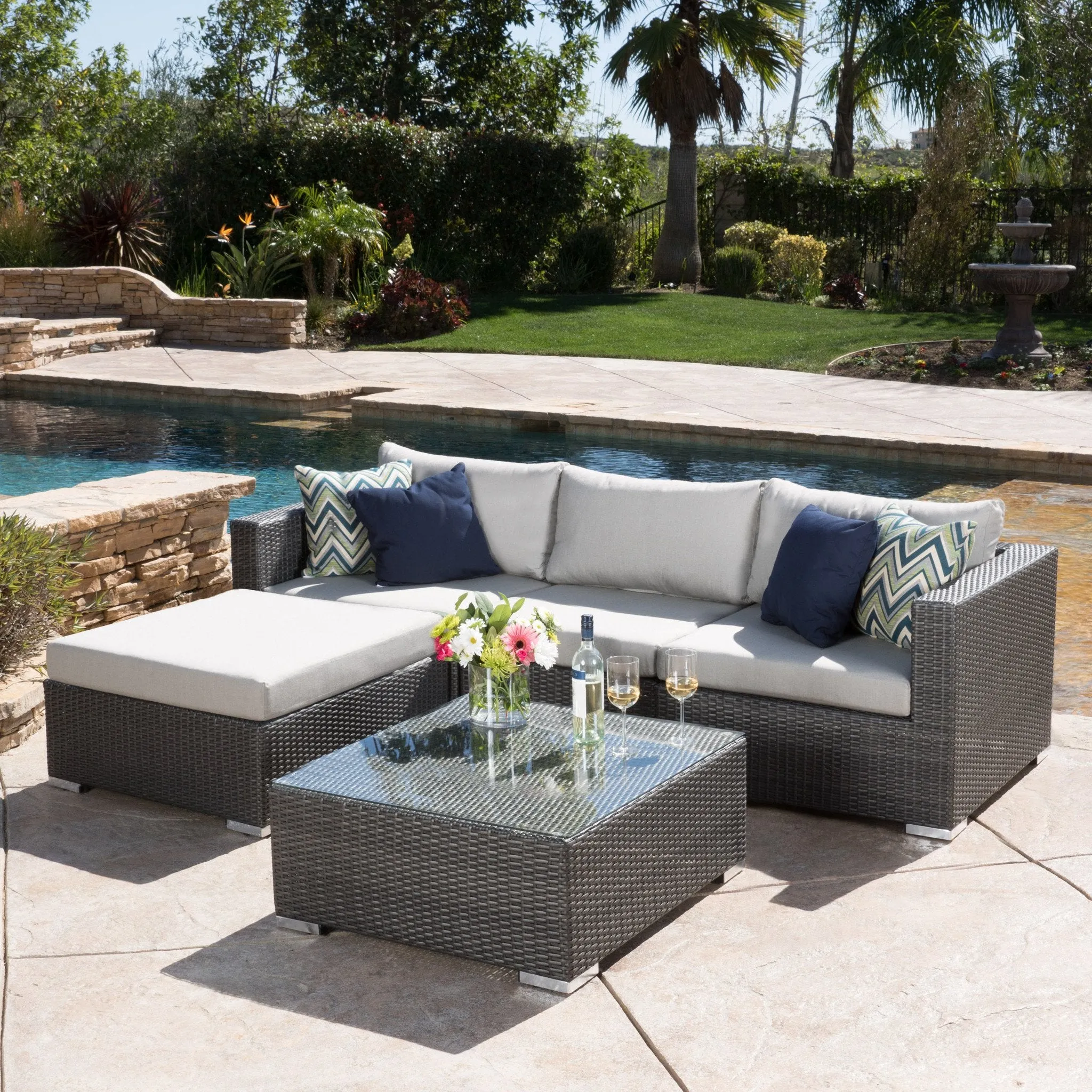5pc Outdoor Grey Wicker Seating Sectional Set w/ Cushions - NH444692 patio chairs, outdoor seating