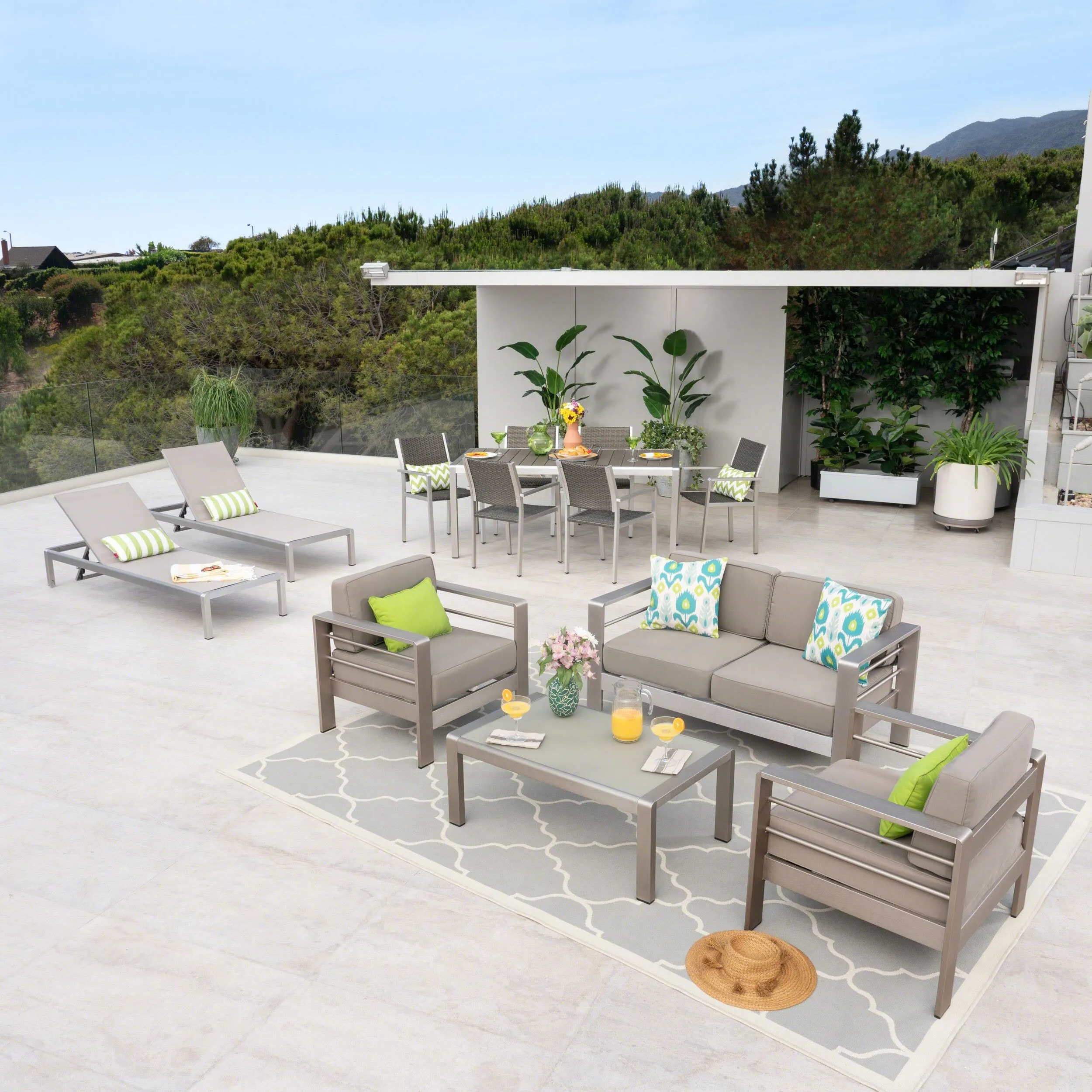 7 Piece Dining Set with Faux Wood   4pc Chat Set   2 Chaise Lounges - NH790603 patio chairs, outdoor seating