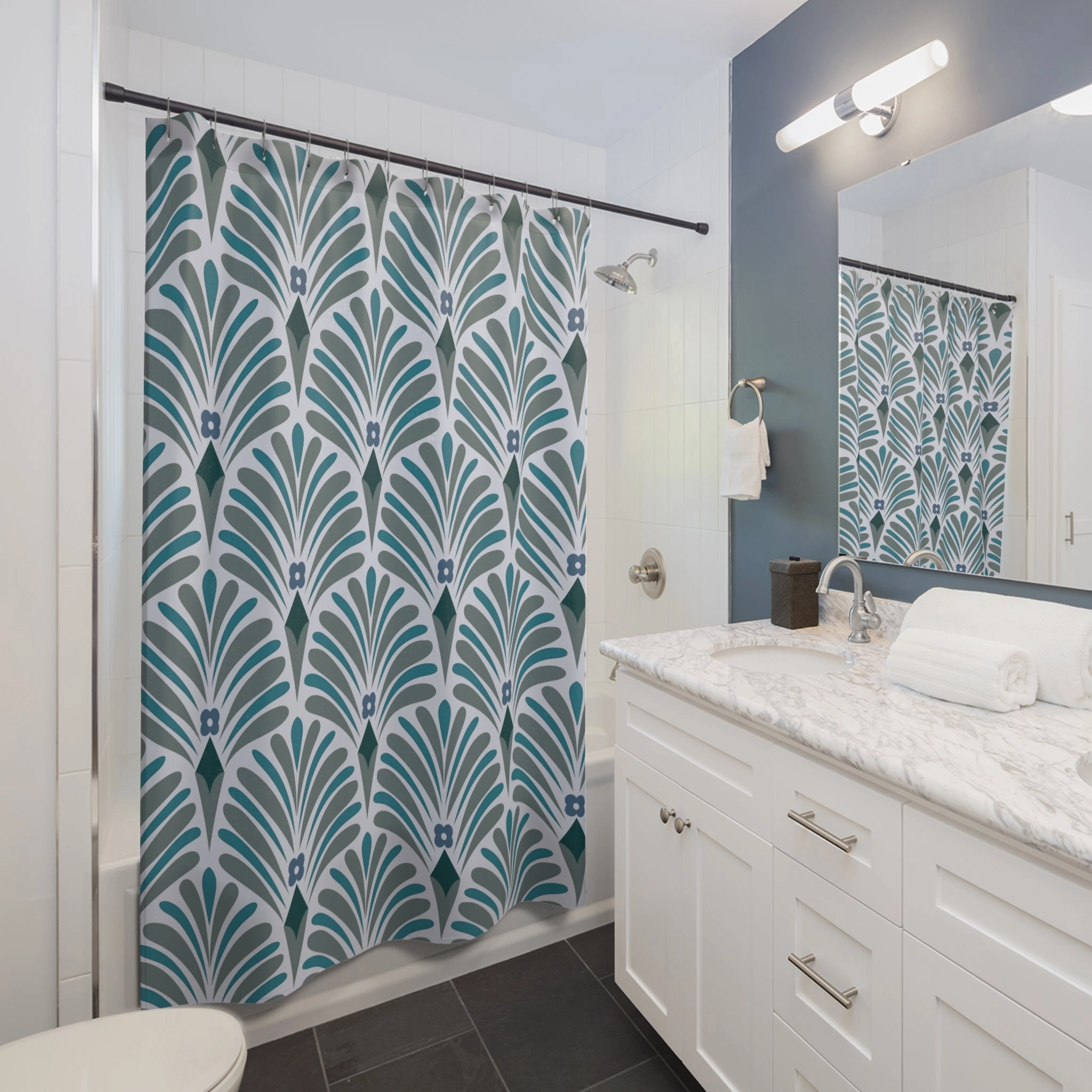Abstract Shower Curtain | Pale Teal Blue, Grey Art Deco