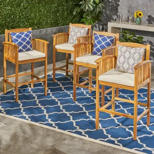 Acacia Patio Bar Stools, 46", Bar-Height, Acacia Wood, Natural Stain with Cream Cushions (Set of 4) - NH135703 patio chairs, outdoor seating