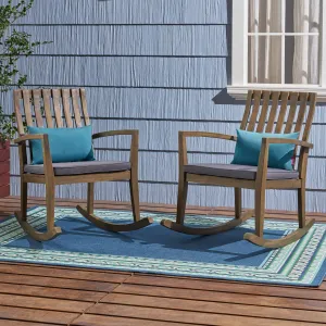 Acacia Wood Rustic Style Rocking Chair with Water Resistant Cushions - NH389803 patio chairs, outdoor seating