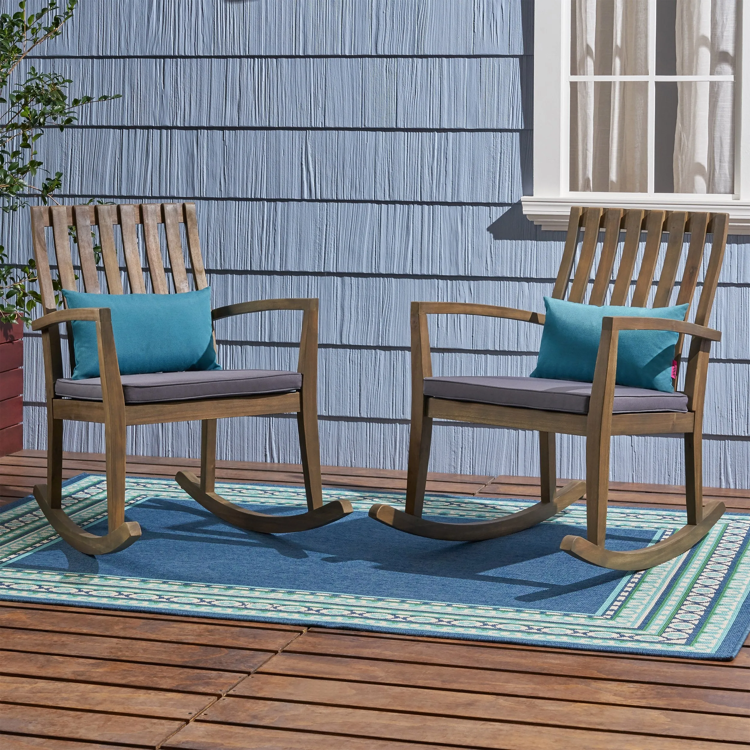 Acacia Wood Rustic Style Rocking Chair with Water Resistant Cushions - NH389803 patio chairs, outdoor seating