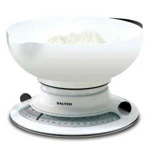 Add and Weigh Mechanical kitchen scales, White round coffee table, wooden coffee table