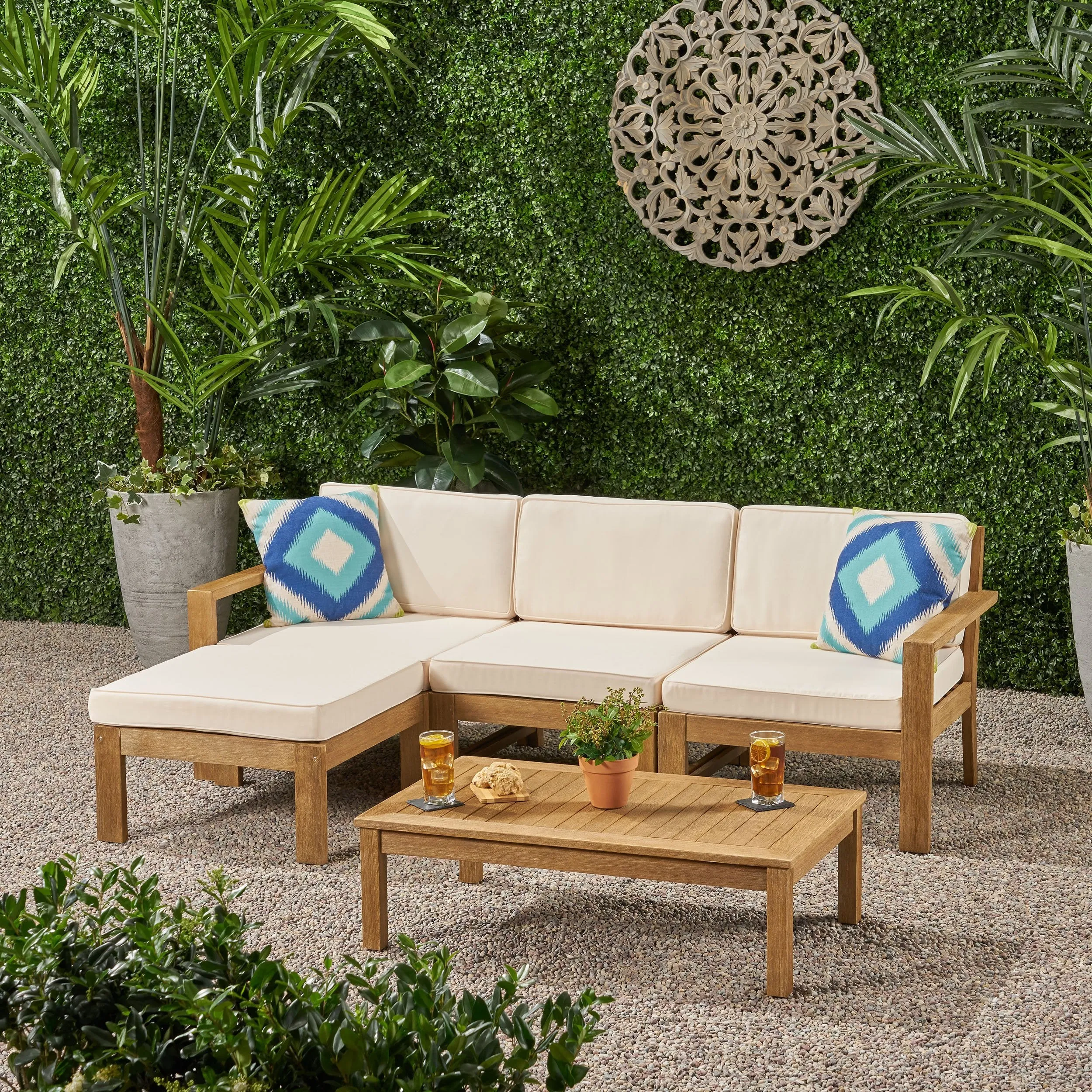 Ana Outdoor 3 Seater Acacia Wood Sofa Sectional with Cushions - NH253903 patio chairs, outdoor seating
