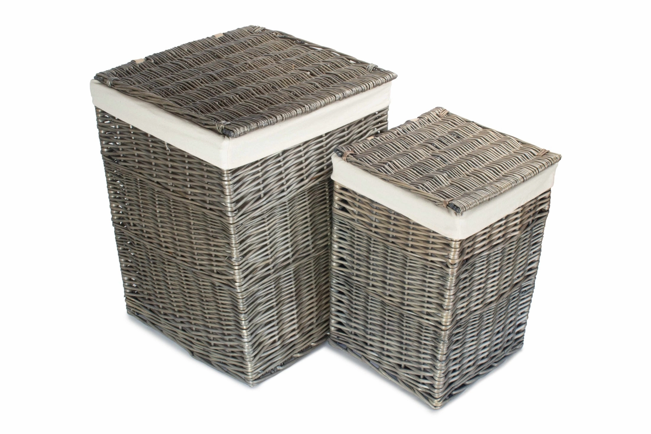 Antique Wash Willow Square Laundry Basket with White Lining Set 2