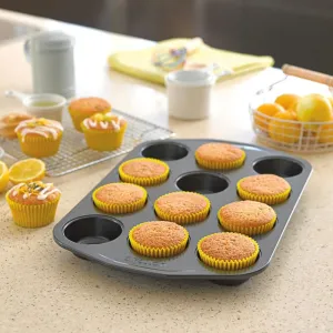Bakeware 12 cup muffin tray, 10 x 15'', non-stick curtain fabric, upholstery textile