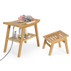 Bamboo Shower Bench with Foot Stool, Shower Seat Bench with Underneath Storage Shelf bathroom organizer, toilet brush holder