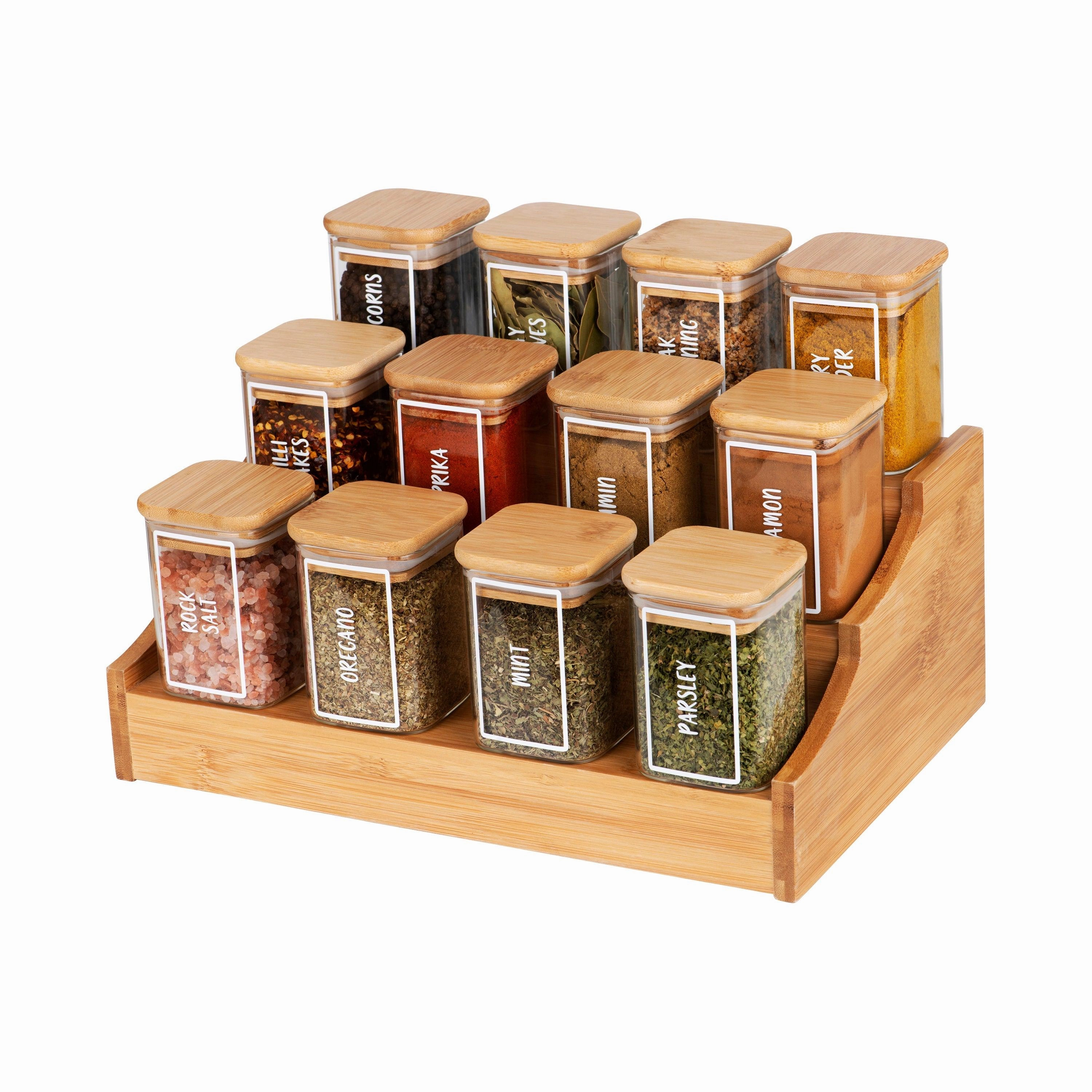Bamboo Spice Rack with Square Herb & Spice Jars Large Pack Figurines,Decorative Ornaments