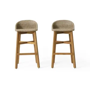 Beeson Outdoor Wicker and Acacia Wood 30 Inch Barstools, Set of 2, Light Multibrown and Teak patio chairs, outdoor seating
