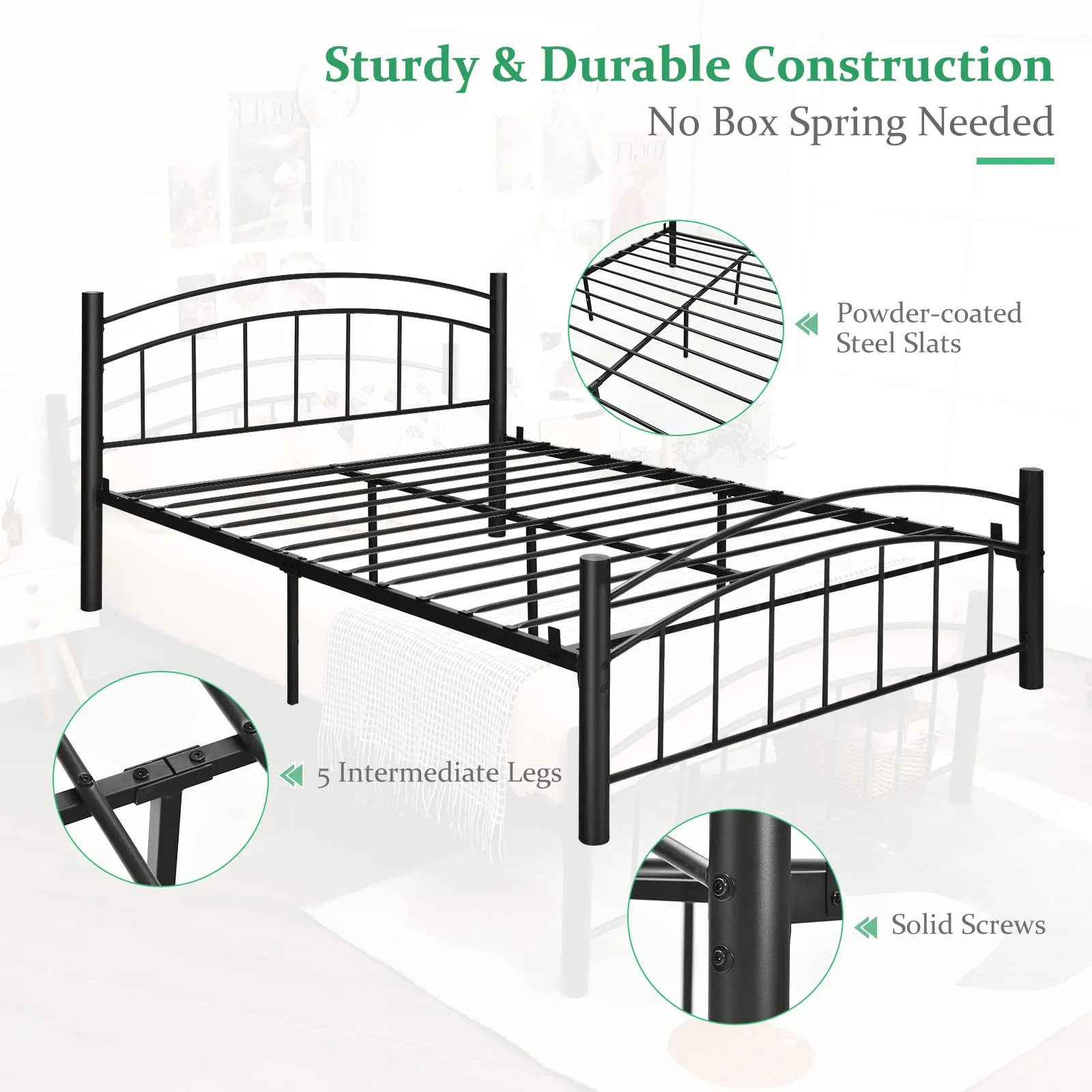 Black Modern Platform Bed with Headboard and Footboard | Metal Bed Frame