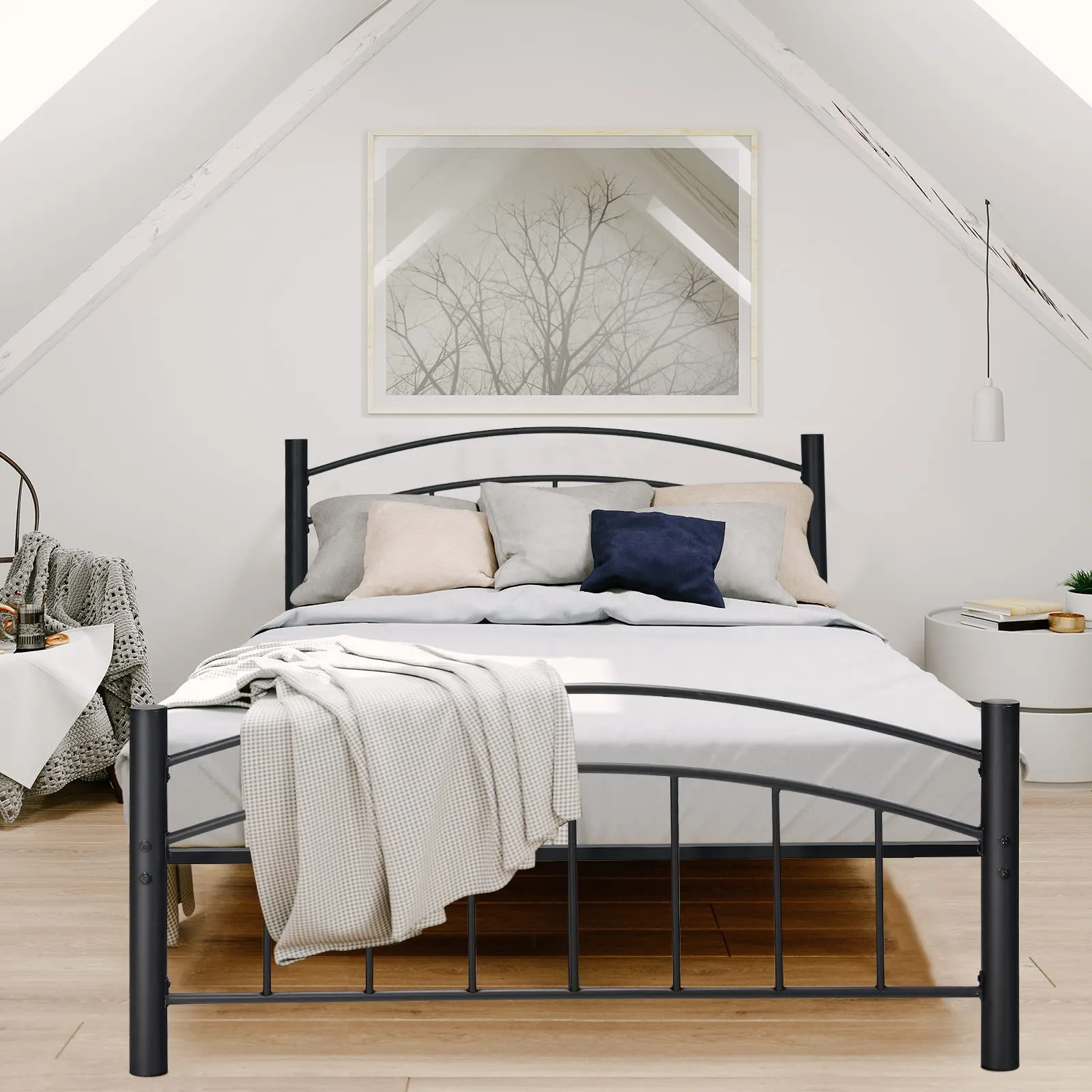 Black Modern Platform Bed with Headboard and Footboard | Metal Bed Frame