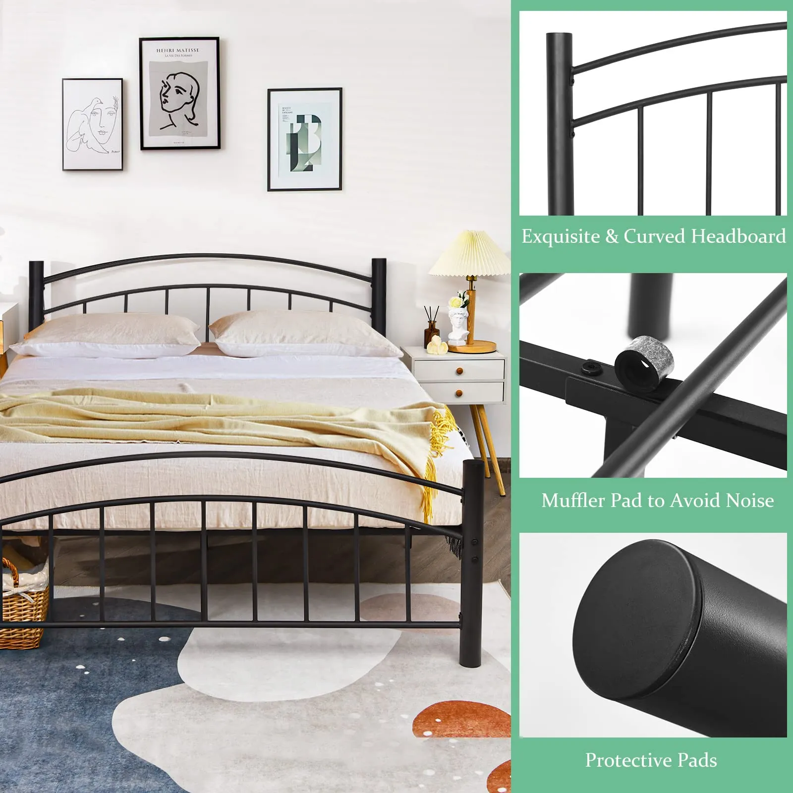 Black Modern Platform Bed with Headboard and Footboard | Metal Bed Frame
