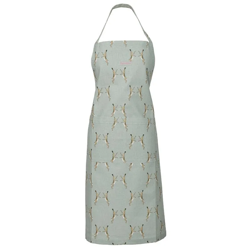 Boxing Hares Apron, Duck Egg Grey round coffee table, wooden coffee table