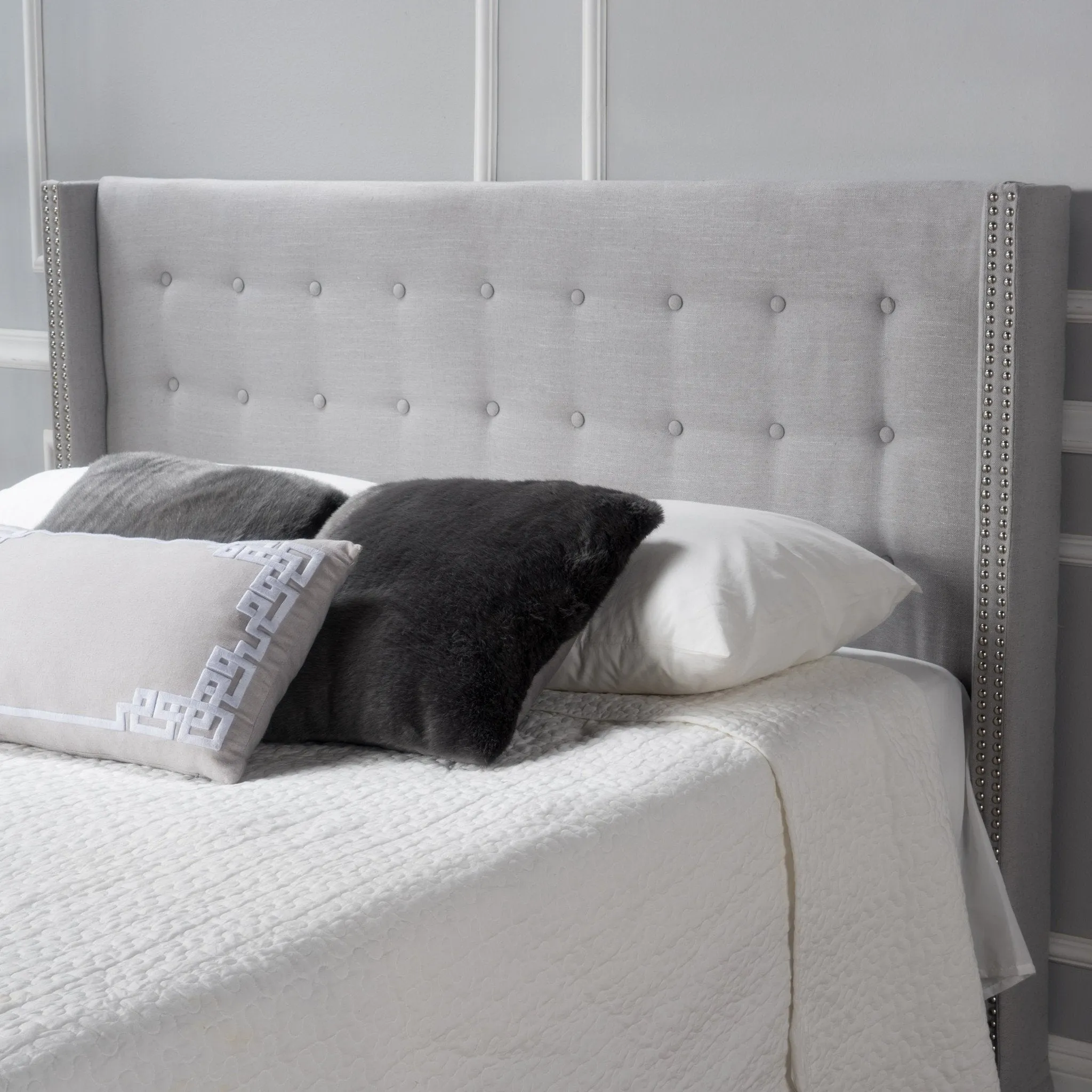 Button Tufted Fabric King/Cal King Headboard with Nailhead Accents - NH026992 wood bed frame, upholstered bed