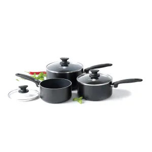 Cambridge Non-Stick 3 Piece Saucepan Set with Lids, Black curtain fabric, upholstery textile