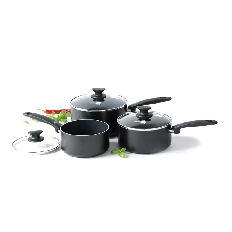 Cambridge Non-Stick 3 Piece Saucepan Set with Lids, Black curtain fabric, upholstery textile