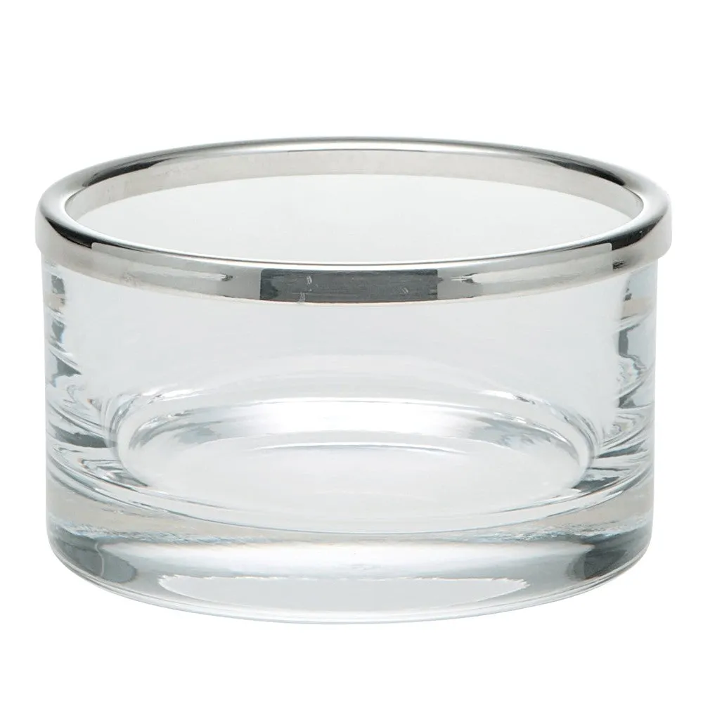 Cercle Bowl, 11cm, straight sided glass with silver rim napkin rings, dining placemats