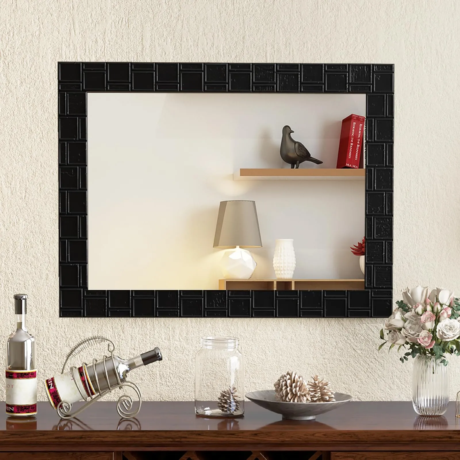 CHARMAID Wall Mirror, 32'' x 24'' Wood Framed Vanity Mirror with Hanging Hooks bathroom organizer, toilet brush holder