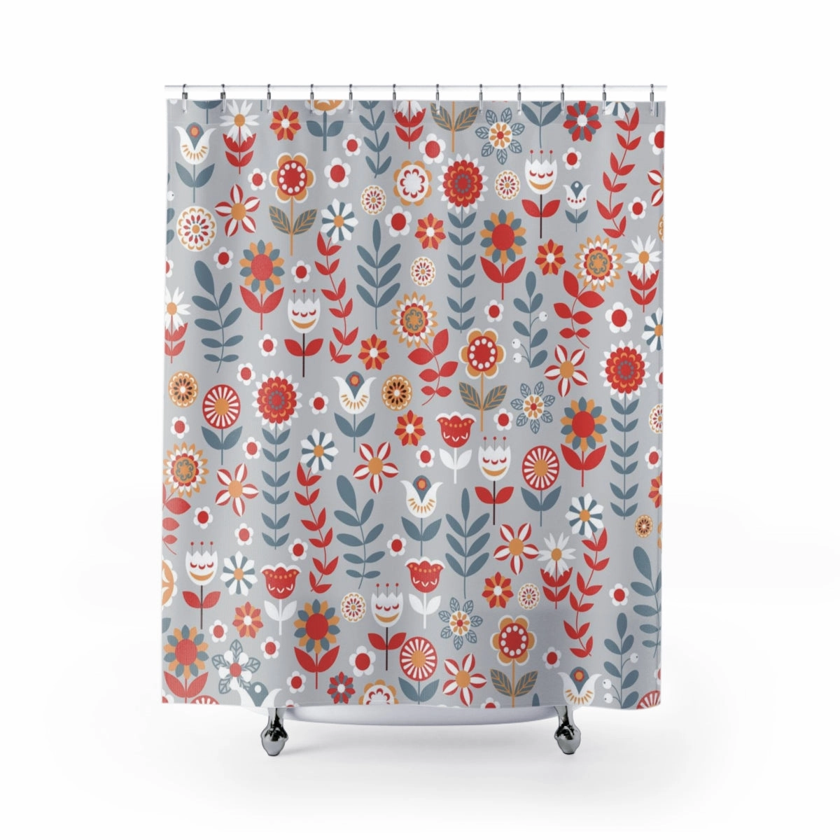 Christmas Shower Curtain | Gray Orange Red Folk Flowers Lighting,Home Lighting