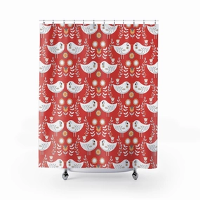 Christmas Shower Curtain | Red White Nordic Folk Birds Lighting,Home Lighting