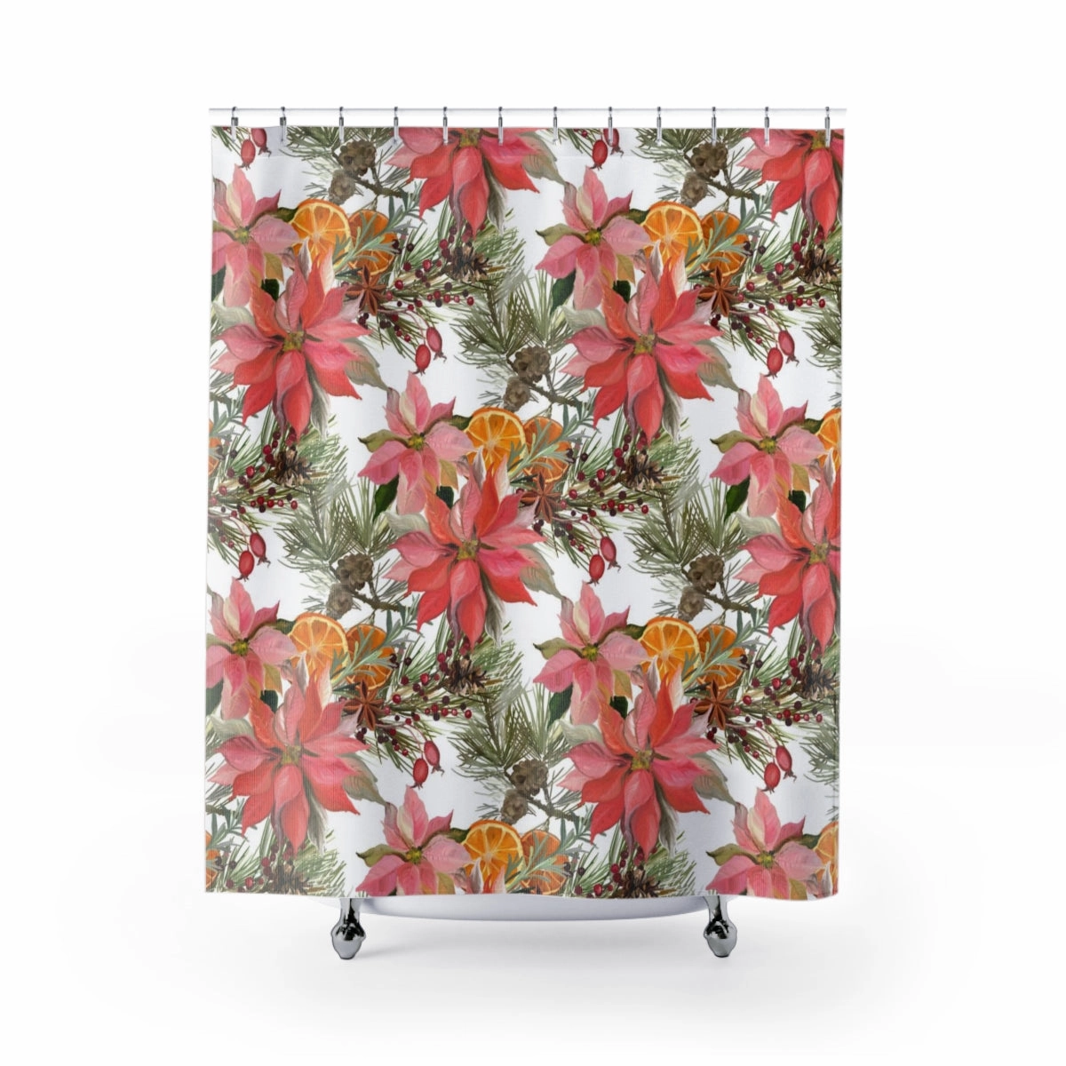 Christmas Shower Curtain | White Green Red Poinsettia Lighting,Home Lighting