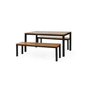 Colcord Outdoor Modern Industrial Acacia Wood 3 Piece Picnic Set, Teak and Black patio chairs, outdoor seating