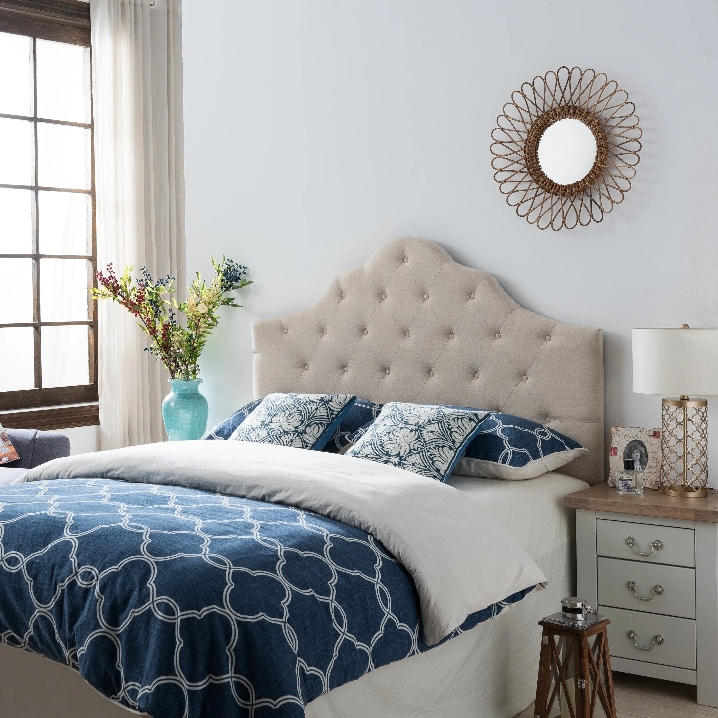 Contemporary Button Tufted Beige Fabric Queen/Full Headboard - NH684892 queen headboard, wooden headboard