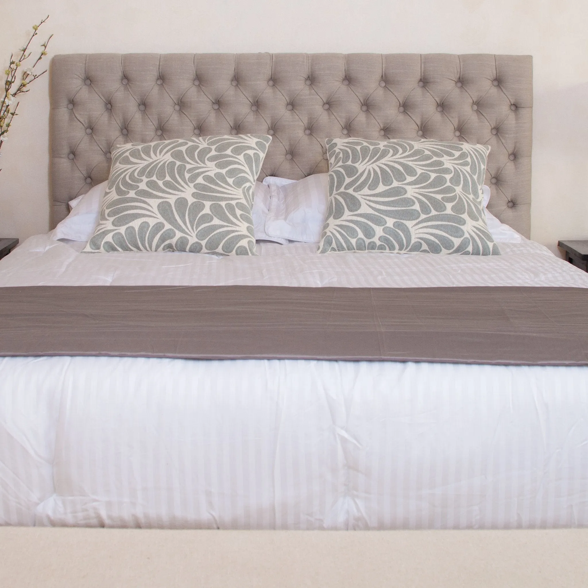 Contemporary Button Tufted Light Beige Fabric Queen/Full Headboard - NH378832 wood bed frame, upholstered bed