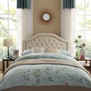Contemporary Queen/Full Beige Upholstered Headboard w/ Nailhead Accents - NH974892 wood bed frame, upholstered bed