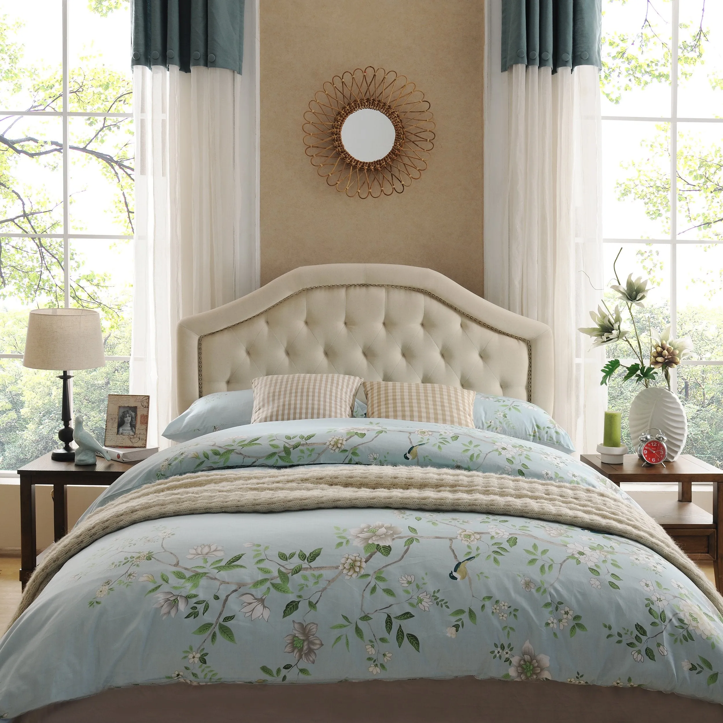 Contemporary Queen/Full Beige Upholstered Headboard w/ Nailhead Accents - NH974892 wood bed frame, upholstered bed