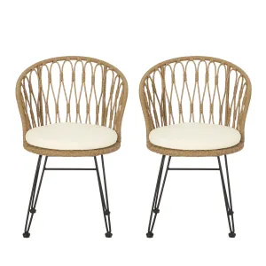 Cowen Outdoor Wicker Dining Chairs with Cushion, Set of 2, Light Brown, Black, and Beige patio chairs, outdoor seating