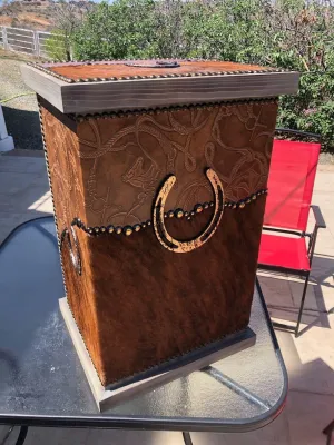 Customizable Brindle Cowhide & Horseshoe Decorative Hamper bathroom furniture, vanity cabinet