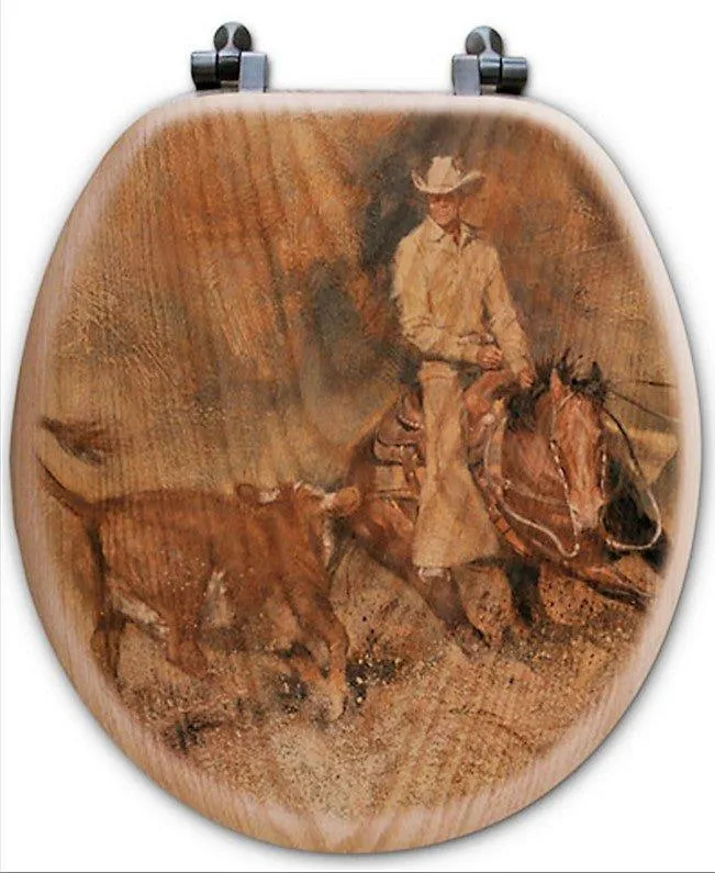 Cutting Horse and Cowboy, Decorative Oak Toilet Seats