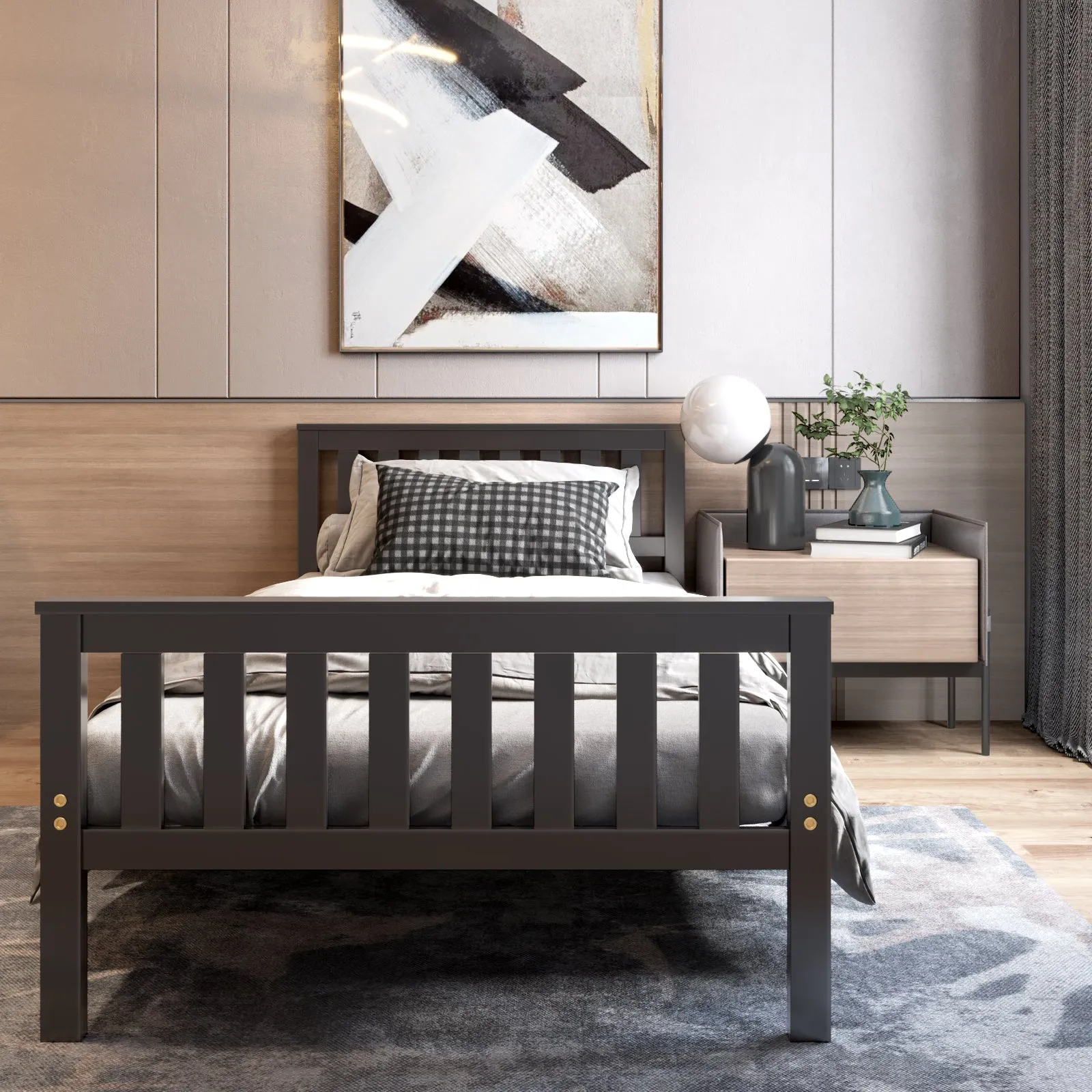 Easy Assembly Twin Size Wood Platform Bed with Headboard