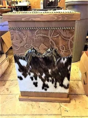 Elegant Leather & Cowhide Hamper for Rustic Western Decor bathroom accessories, soap dispenser
