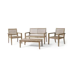Elmcrest Outdoor Wicker and Acacia Wood 4 Seater Chat Set, Light Multibrown and Light Brown patio chairs, outdoor seating