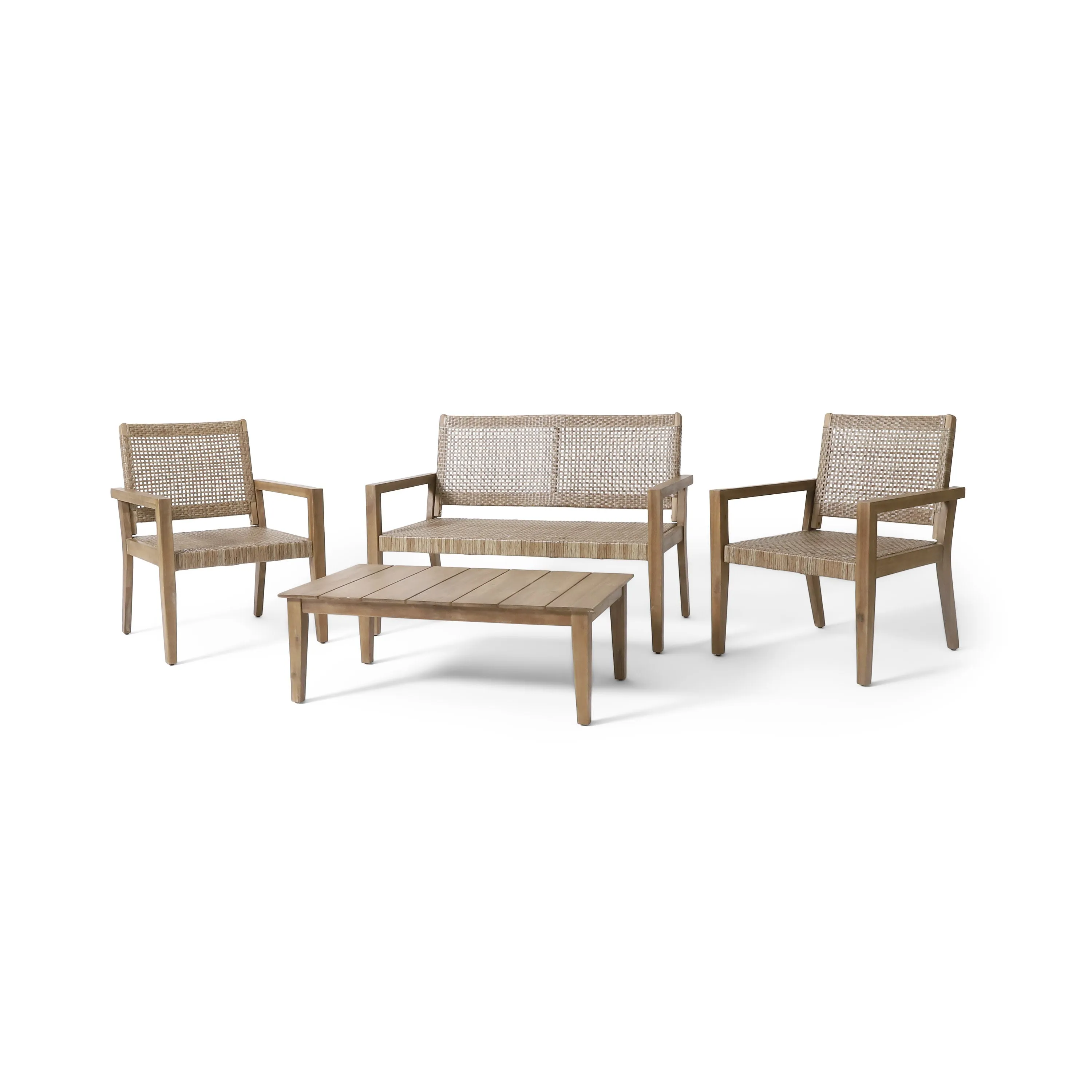 Elmcrest Outdoor Wicker and Acacia Wood 4 Seater Chat Set, Light Multibrown and Light Brown patio chairs, outdoor seating