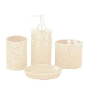 Embossed Off-White Ceramic Bath Set bathroom accessories, soap dispenser