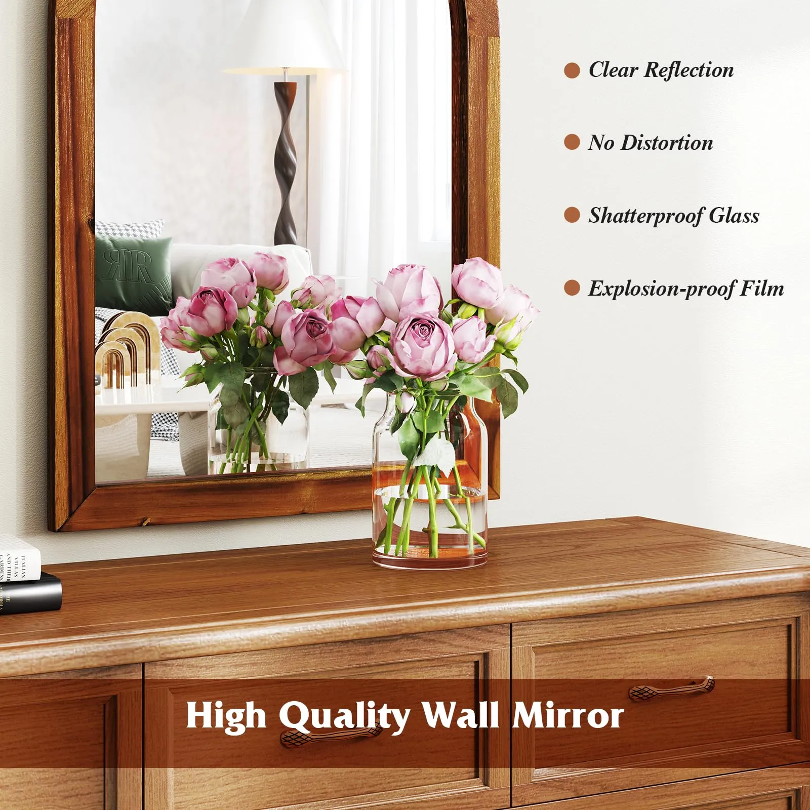 Farmhouse Wall Mirror Arched Mirror with Solid Acacia Wood Frame