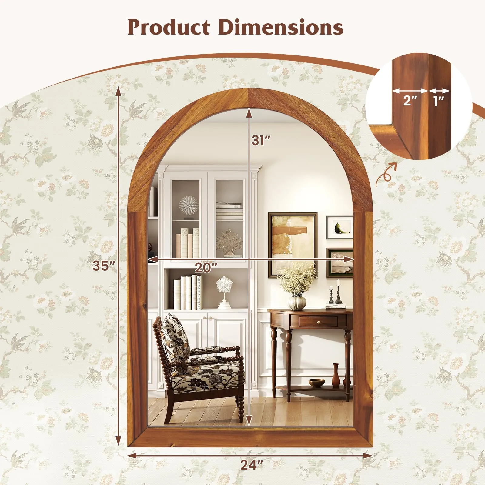 Farmhouse Wall Mirror Arched Mirror with Solid Acacia Wood Frame