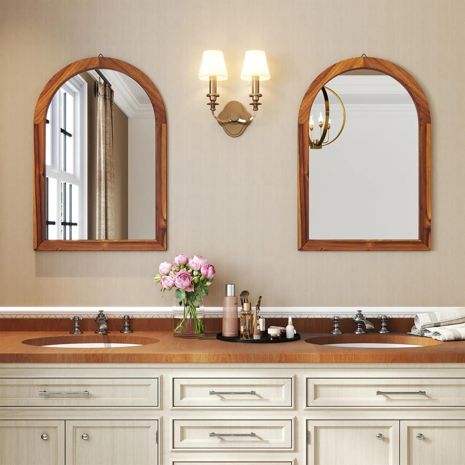Farmhouse Wall Mirror Arched Mirror with Solid Acacia Wood Frame