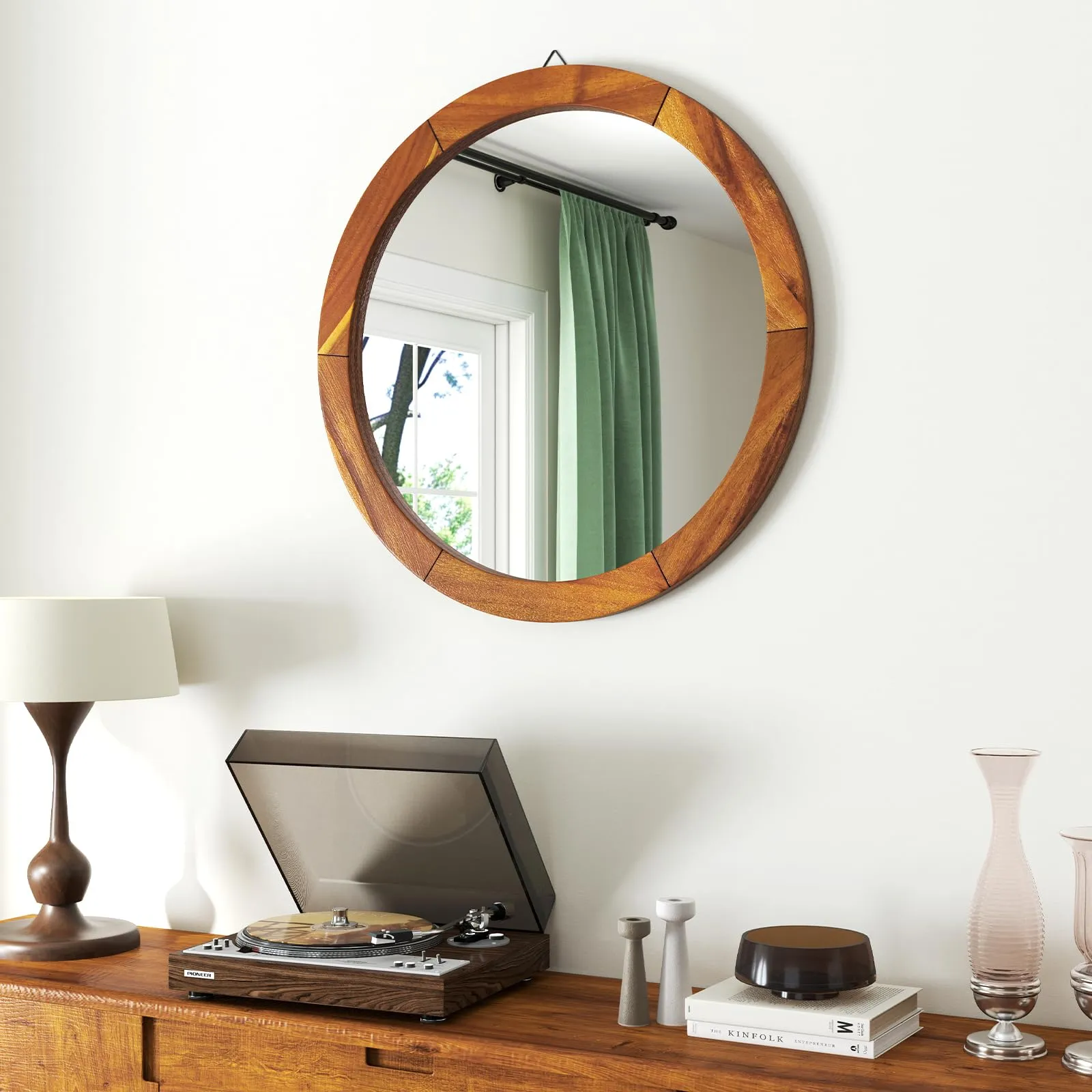 Farmhouse Wall Mirror Round Mirror with Solid Acacia Wood Frame